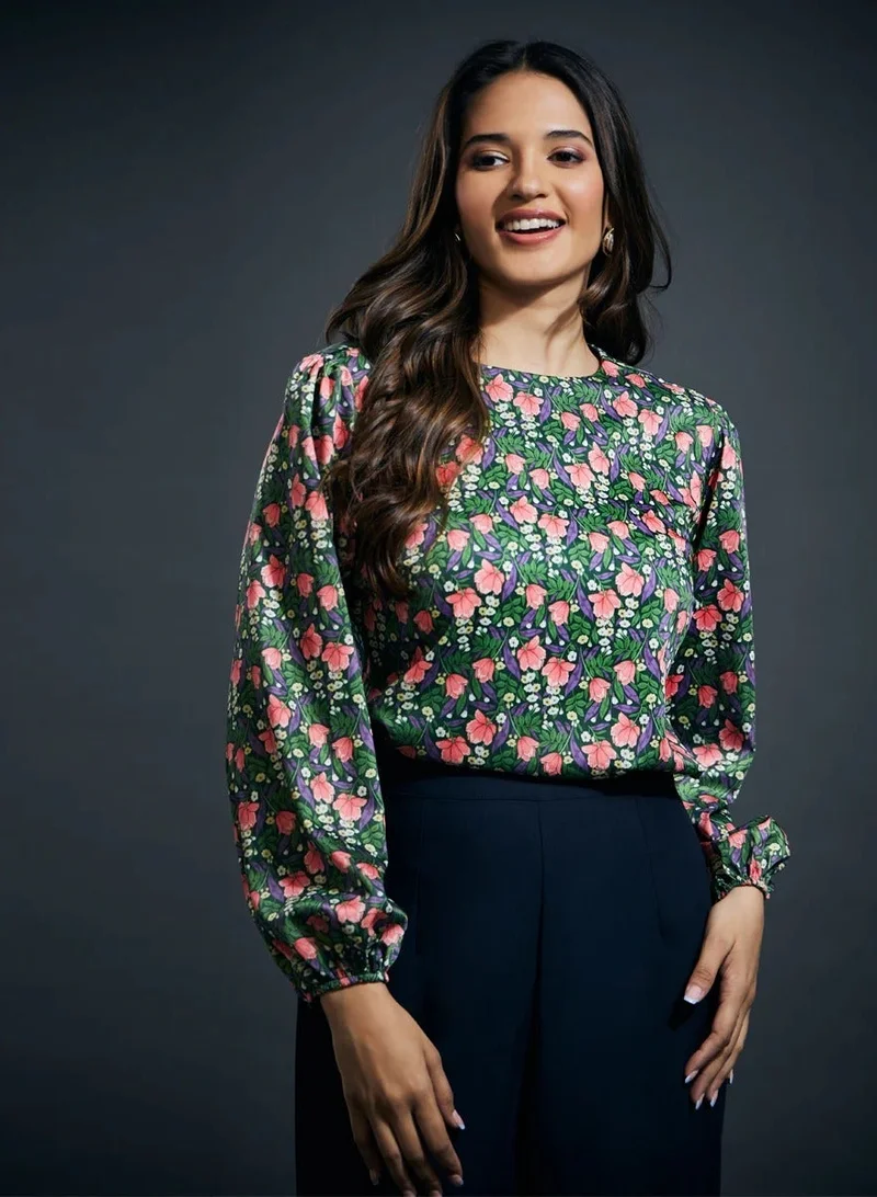 Zigzag Floral Shirred Cuff Top